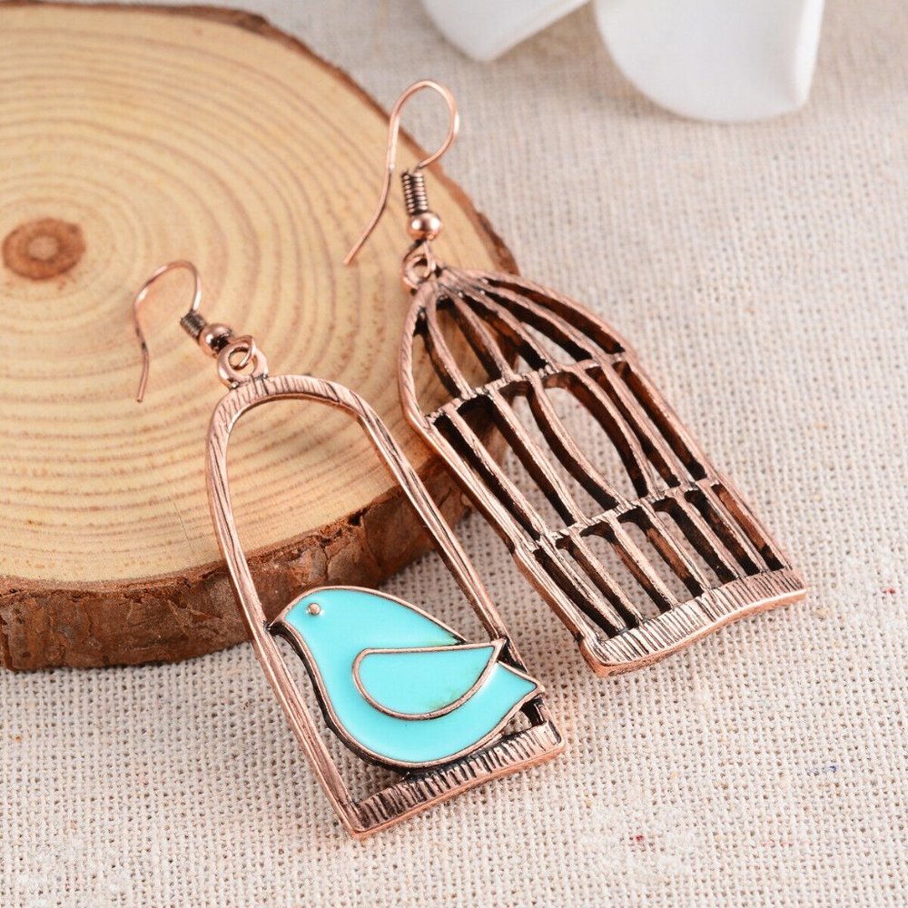 COPY - NEW Asymmetric Blue Birdcage Bird Cage Antique Bronze Dangle Earring FEA… - Picture 4 of 8
